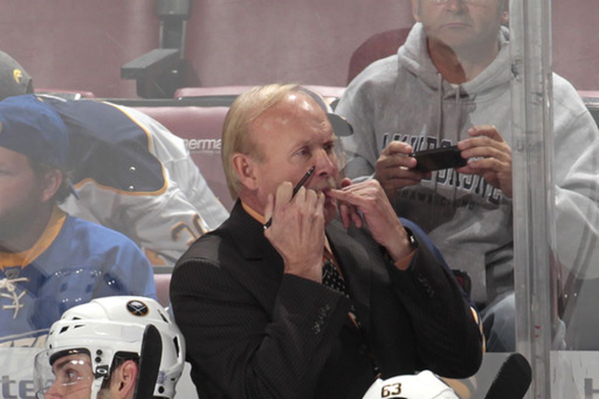 Lindy Ruff whistles to the pretzel guy in Buffalo after assessing his fourth line.
