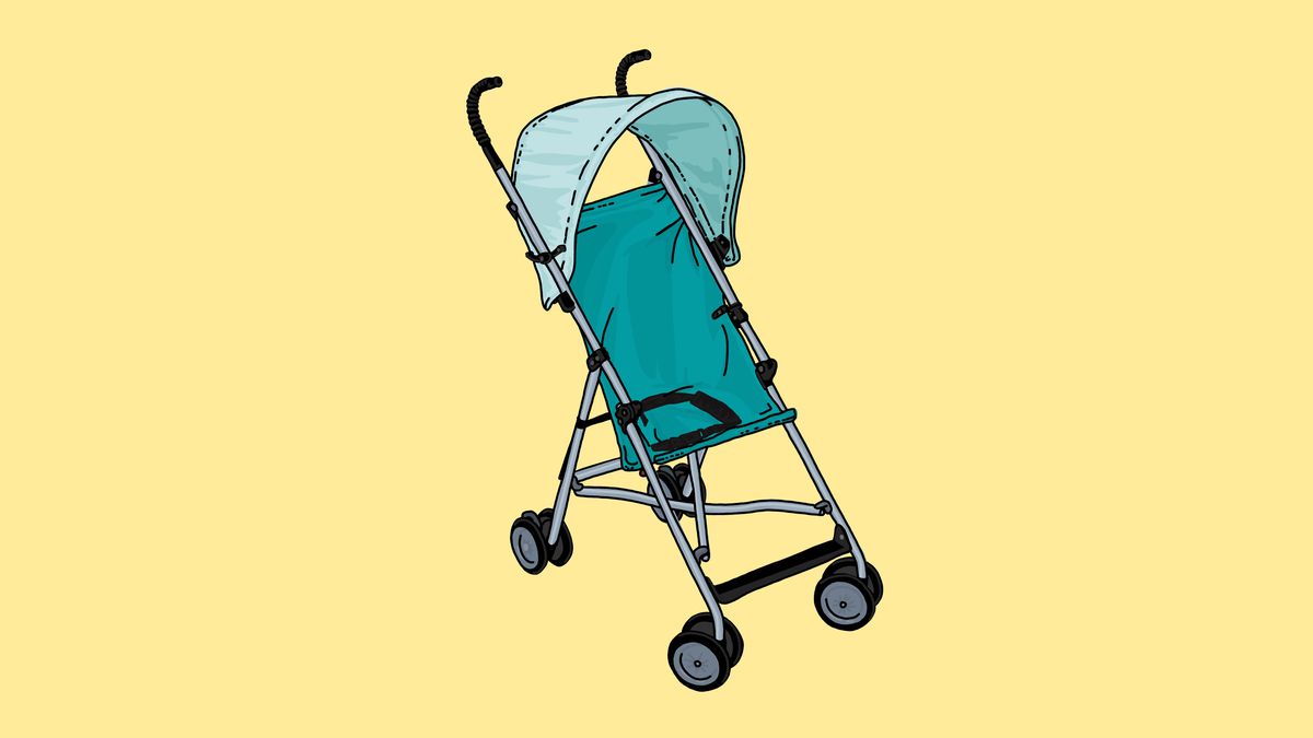 A teal stroller on a yellow background.