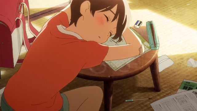 A young girl with short brown hair and a red blouse sleeps with her head on a table in the anime movie Drifting Home