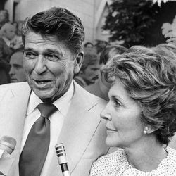 Former governor Ronald Reagan and his wife, Nancy Reagan, in Salt Lake City, June 28, 1980. 