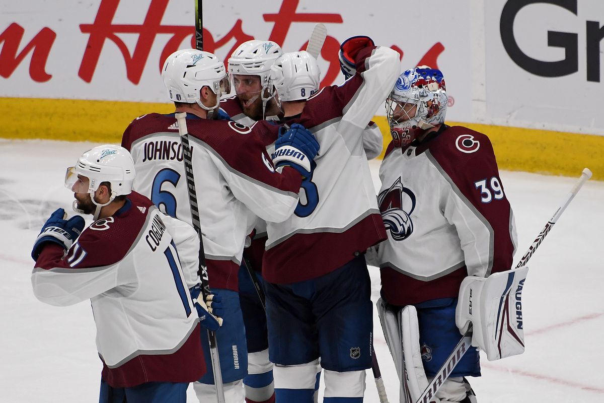The Colorado Avalanche celebrate their 4-2 win over the Edmonton Oilers in Game Three of the Western Conference Final of the 2022 Stanley Cup Playoffs at Rogers Place on June 04, 2022 in Edmonton, Alberta.