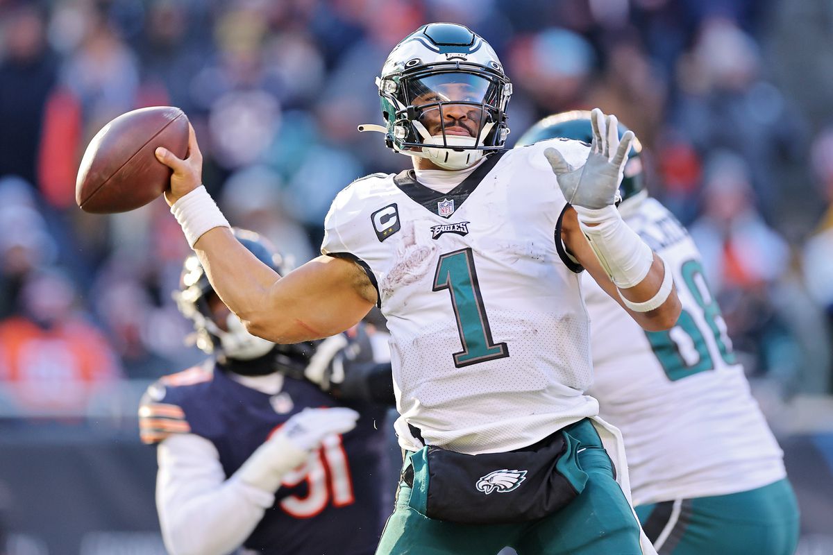Jalen Hurts of the Philadelphia Eagles throws a pass during the fourth quarter in the game against the Chicago Bears at Soldier Field on December 18, 2022 in Chicago, Illinois.