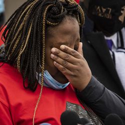 Clifftina Johnson cries as she talks about her daughter, Tafara Williams, during a press conference outside Waukegan’s city hall complex, Tuesday morning, Oct. 27, 2020. Williams, 20, was wounded and her boyfriend, 19-year-old Marcellis Stinnette, was killed when they were both shot by a Waukegan police officer on Oct. 20.