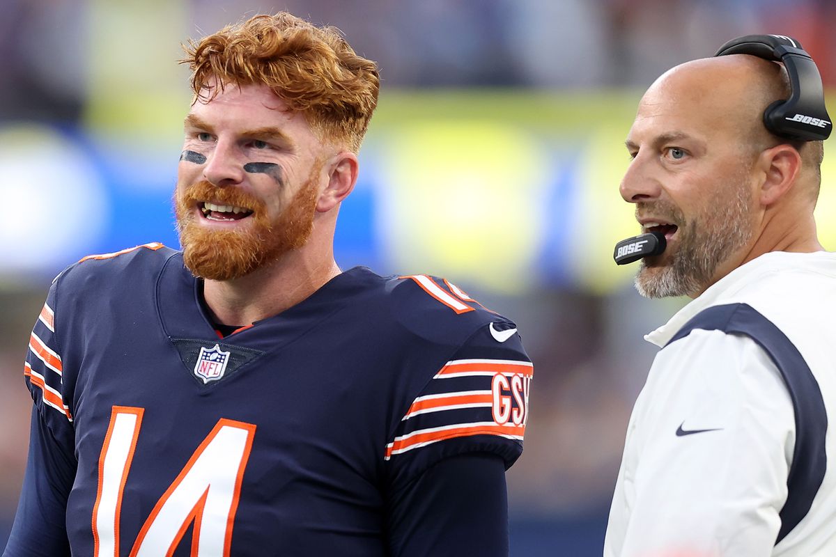 Andy Dalton #14 speaks with head coach Matt Nagy of the Chicago Bears during the first half against the Los Angeles Rams at SoFi Stadium on September 12, 2021 in Inglewood, California.