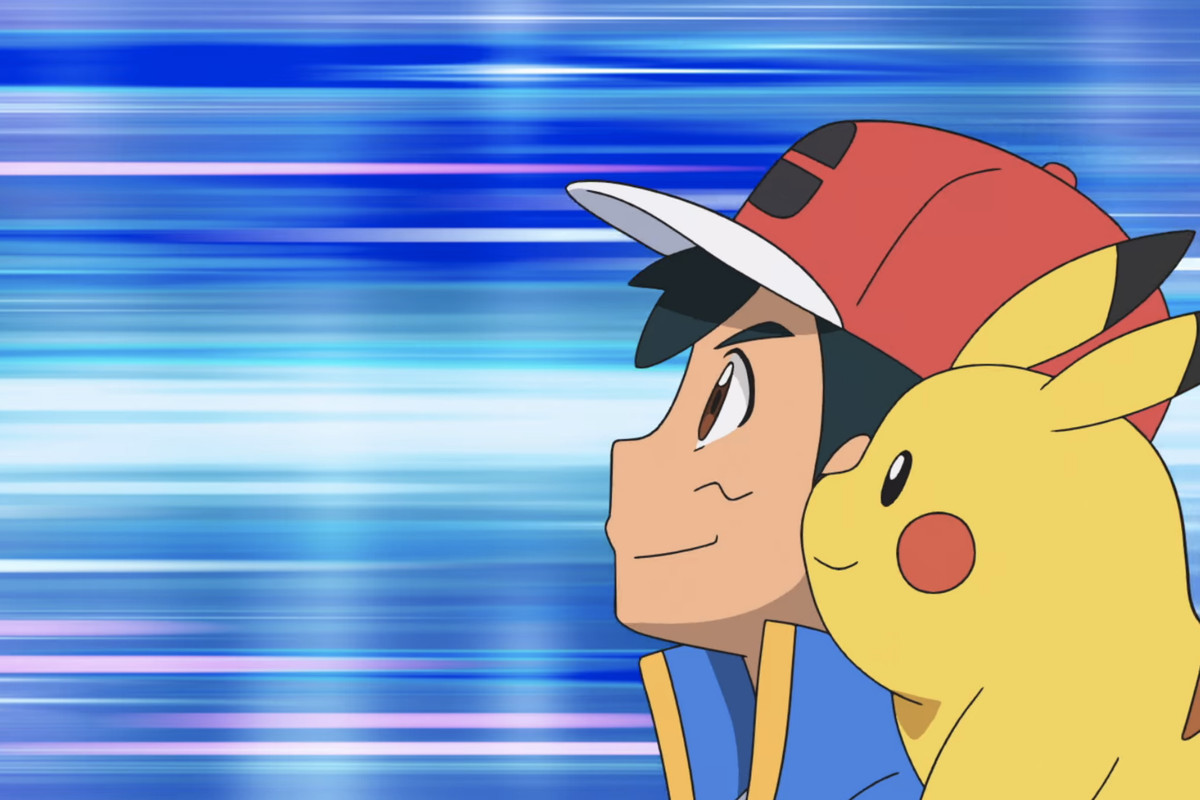 Ash and Pikachu looking upwards. There is a blurred blue background behind them.