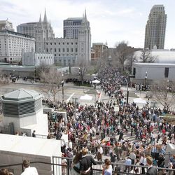 Crowd outside after The Church of Jesus Christ of Latter-day Saints' Saturday afternoon session of the 183rd Annual General Conference Saturday, April 6, 2013, in Salt Lake City.