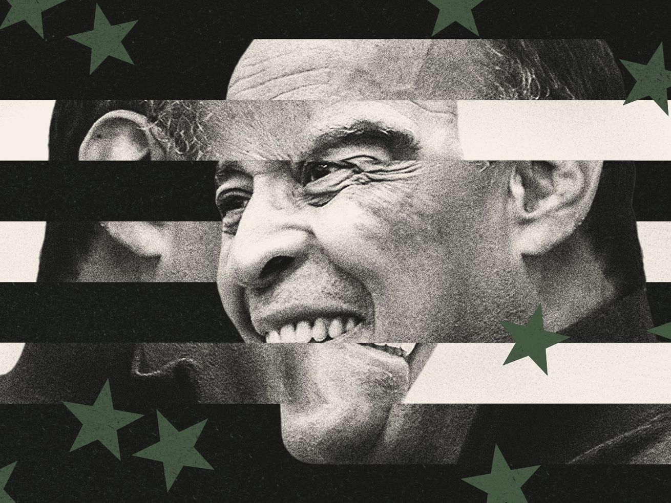 A photo illustration shows a Black man, scholar Adolph Reed, in profile and smiling. In the background is another Black man with his face not visible, and over both, there are stripes of black and white, with scattered dark green stars, as from the US flag in different colors.