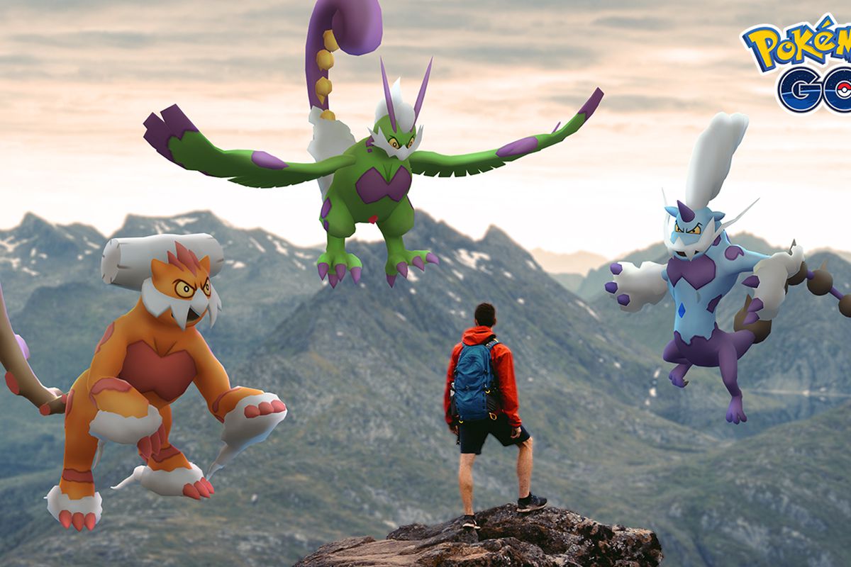 A Pokémon trainer stands on top of a mountain, approached by the Therian Forms of the Forces of Nature