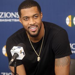 Derrick Favors talks to members of the media at Zions Bank Basketball Center in Salt Lake City on Thursday, April 25, 2019. The Utah Jazz's season ended with Wednesday's loss to Houston in the NBA playoffs.