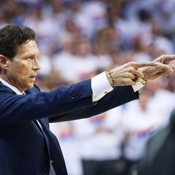 Utah Jazz coach Quin Snyder points to his players in the final moments as the Utah Jazz defeat the Oklahoma City Thunder in Game 2 of their first-round series in Oklahoma City on Wednesday, April 18, 2018.