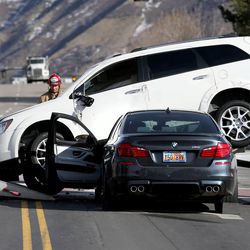 One vehicle rolled on top of another vehicle during an accident at the intersection of Foothill and Sunnyside in Salt Lake City on Wednesday, Feb. 4, 2015.  No one was injured.