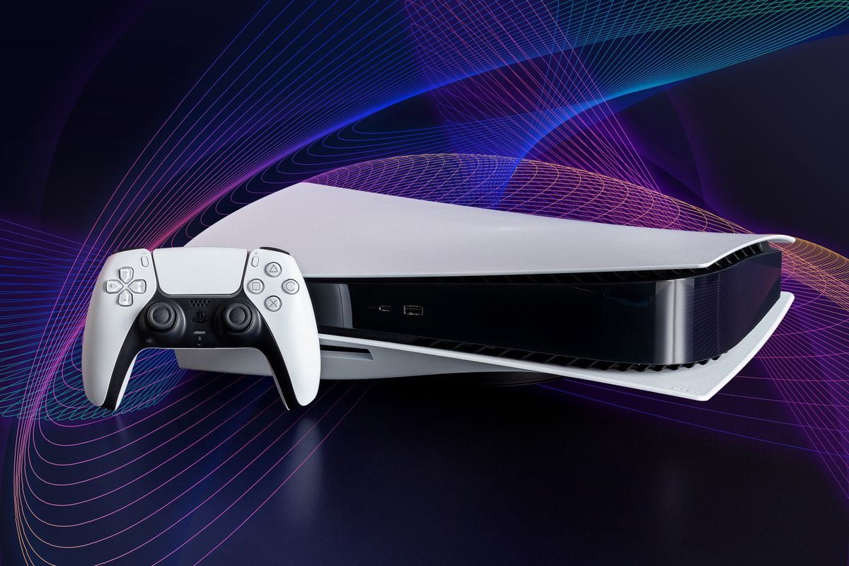 Sony PS5 game console and controller on a dark background with swirling multicolored lines