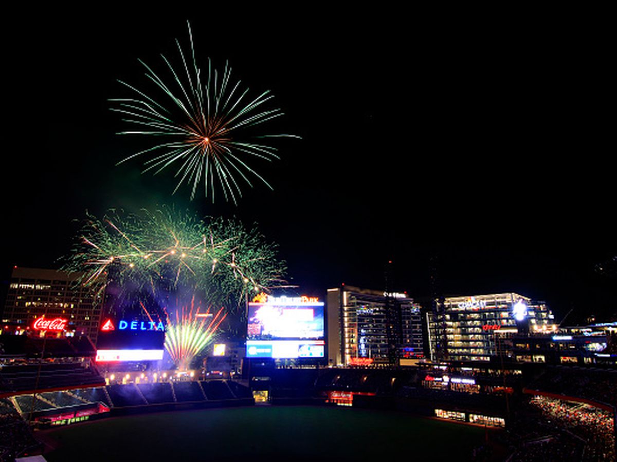 Fireworks explode over the Braves Stadium.