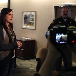 Brittney Chugg, an emergency dispatcher who answered the 911 call from Mariah Ostler, speaks about her role in Saturday's I-15 freeway delivery during a press conference at Brigham City Community Hospital in Brigham City Sunday, Feb. 1, 2015.