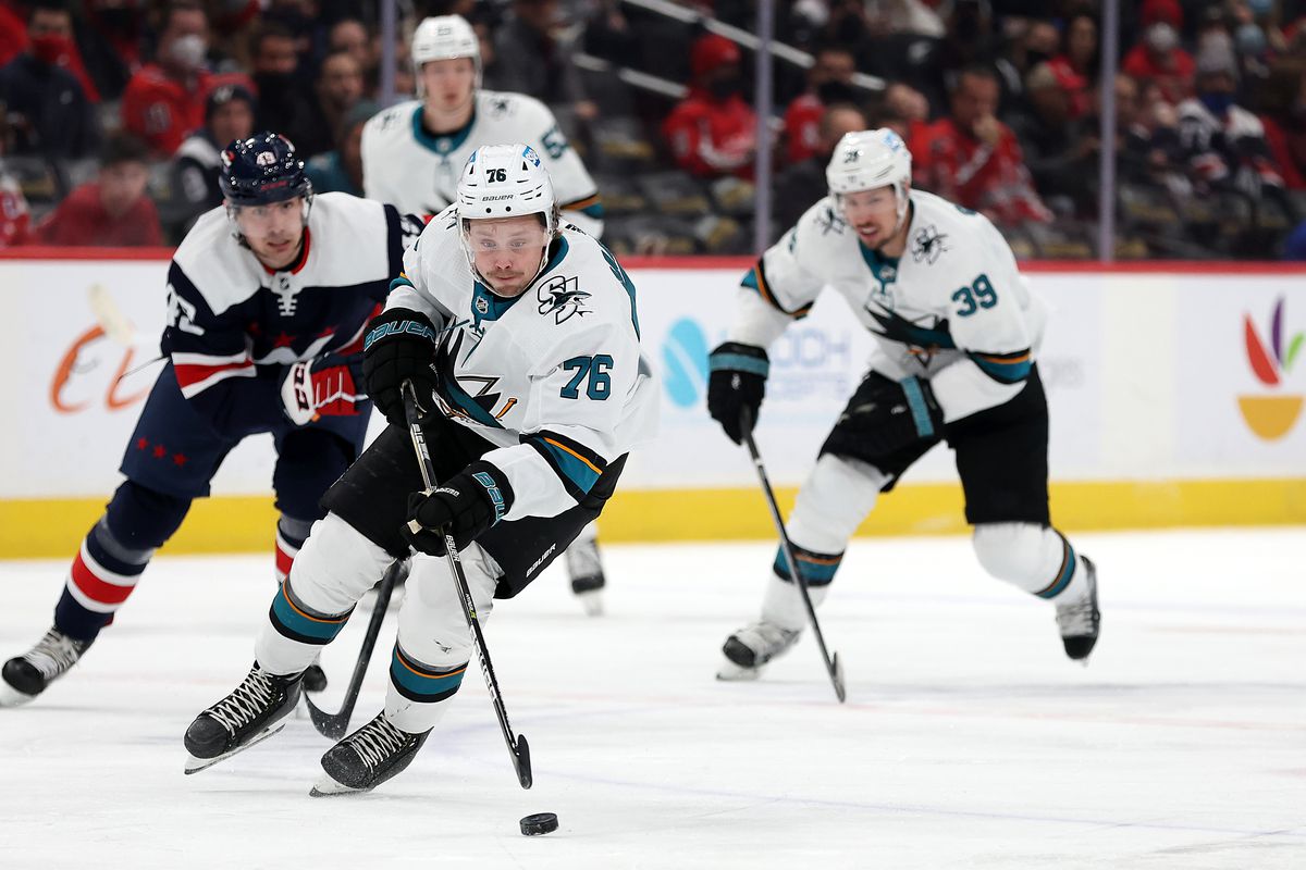Jonathan Dahlen #76 of the San Jose Sharks skates with the puck against the Washington Capitals in the first period at Capital One Arena on January 26, 2022 in Washington, DC.