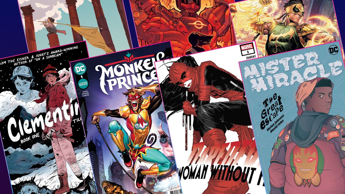 Graphic grid featuring the covers of seven different comics from 2022