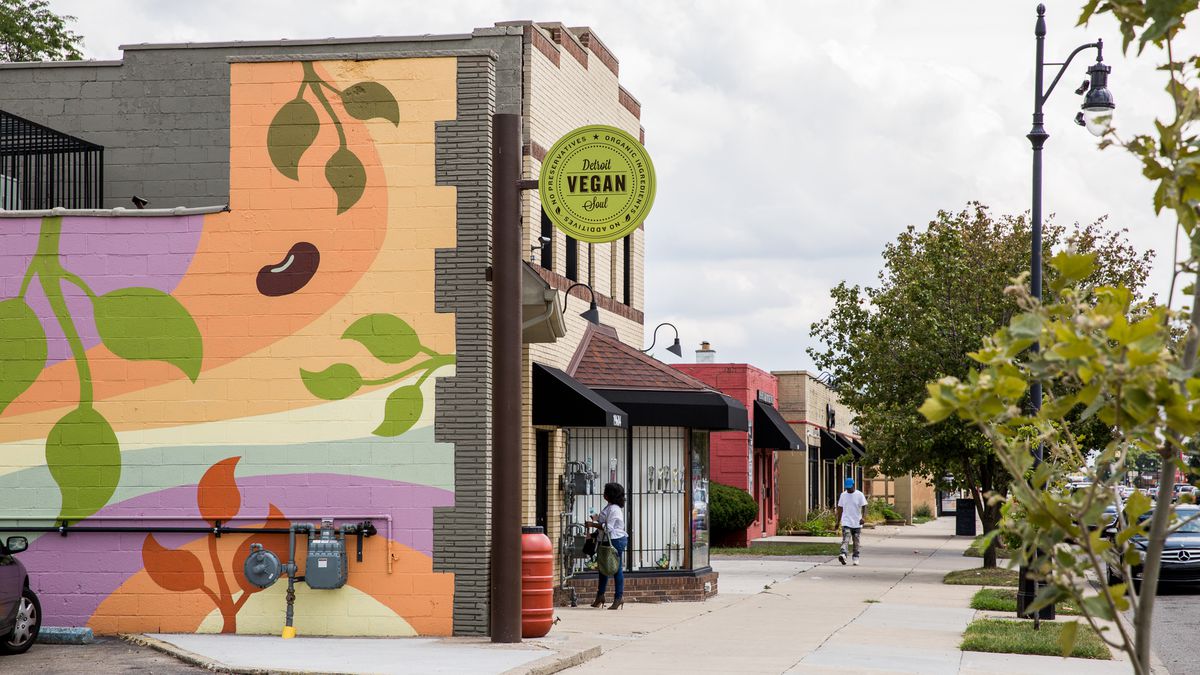 The colorful painted exterior of Detroit Vegan Soul in Grandmont Rosedale.
