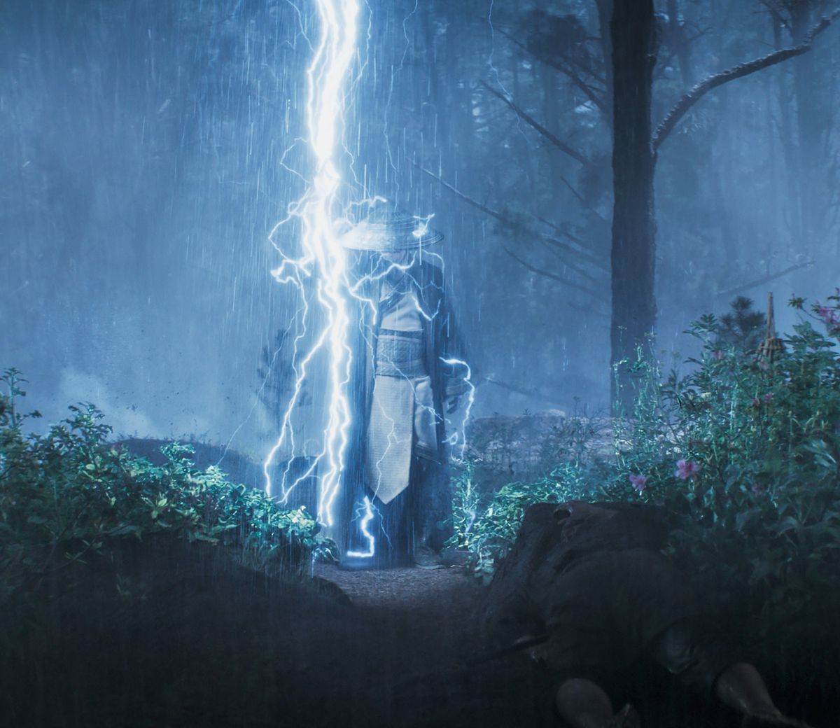 Raiden uses lightning in a still from Mortal Kombat (2021)