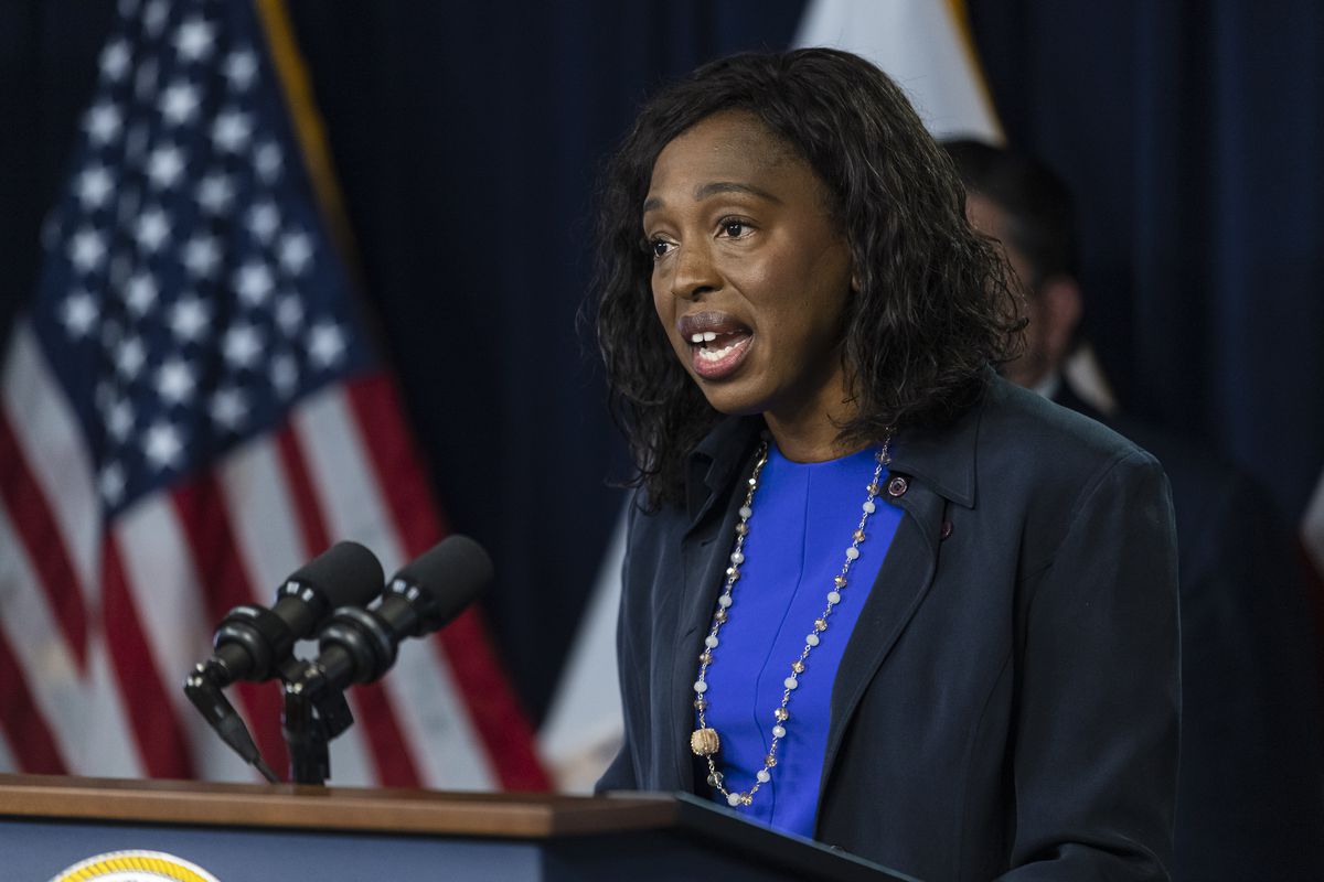 Illinois Public Health Director Dr. Ngozi Ezike speaks at an October news conference in the Loop.&nbsp;