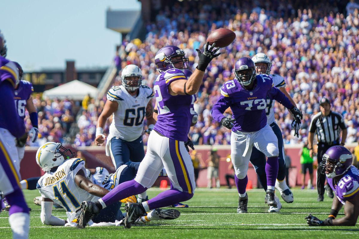 Chad Greenway intercepts a Philip Rivers pass en route to a 91 yard TD return. He was also the last player the Vikings used the franchise tag on, back in 2011.