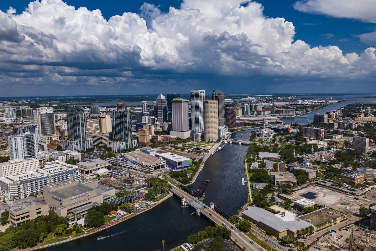 Aerial drone View of sprawling Tampa Bay Skyline, Florida.