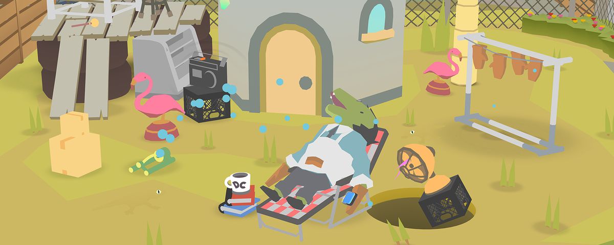 Donut County - guy passed out on a lawn chair in his yard