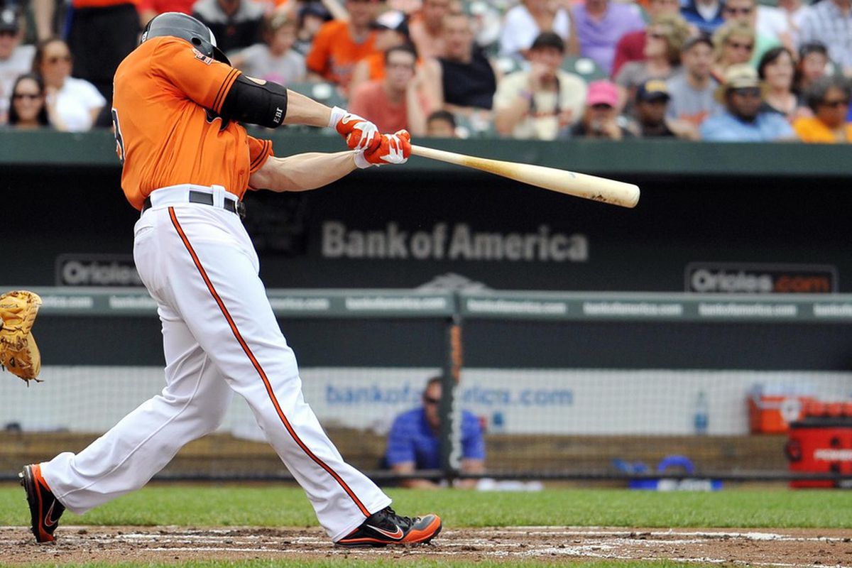 May 26, 2012; Baltimore, MD, USA; Baltimore Orioles first baseman Chris Davis (19) hits a solo home run in the second inning against the Kansas City Royals at Oriole Park at Camden Yards. 