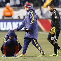 Real's Joao Plata reacts to the loss as Real Salt Lake loses to Sporting KC Saturday, Dec. 7, 2013 in MLS Cup action.