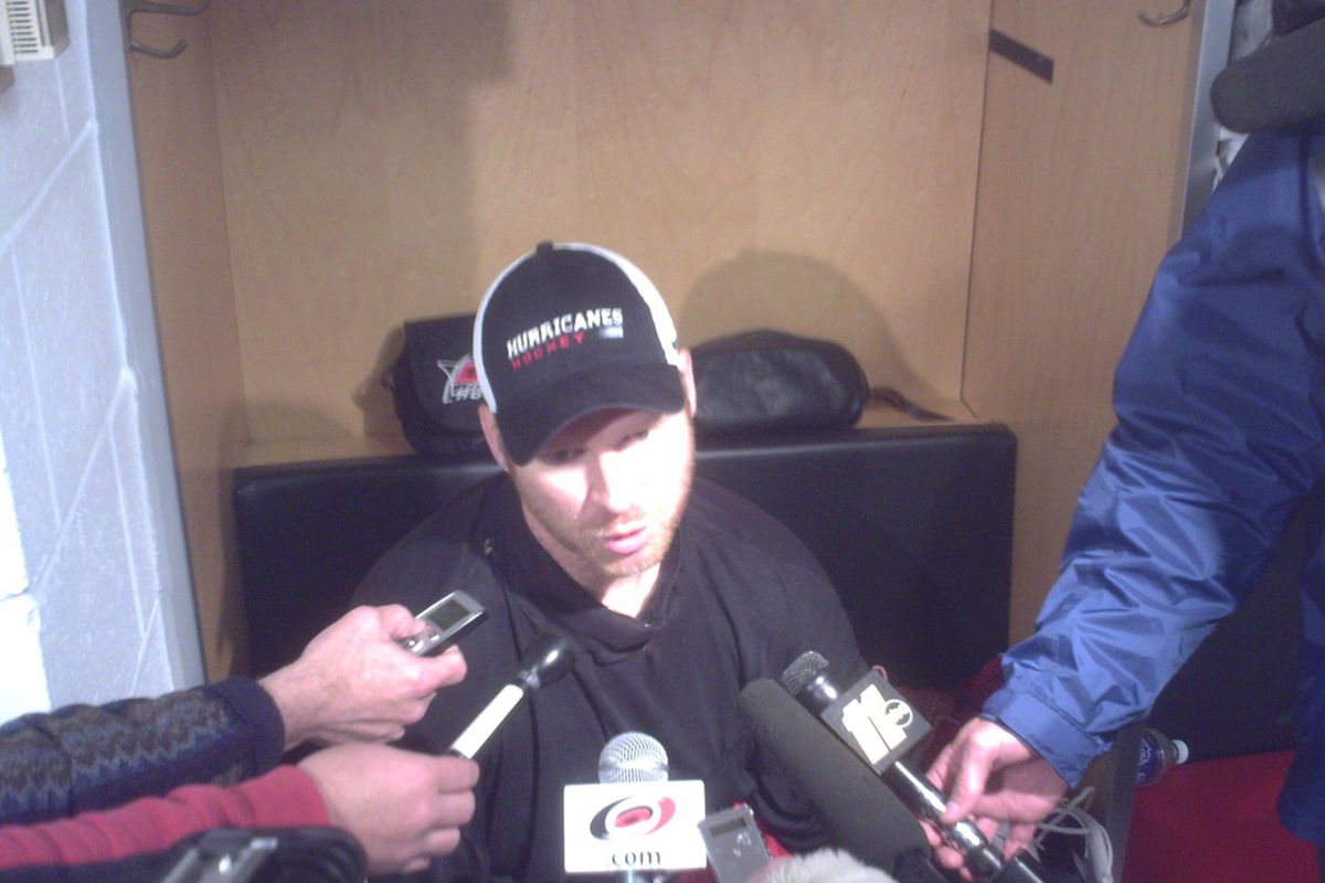 Carolina Hurricanes goalie Manny Legace speaks to the media after a game earlier this season.