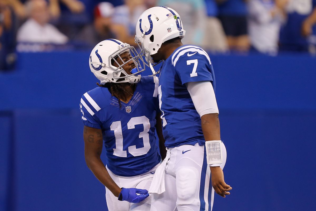 T.Y. Hilton of the Indianapolis Colts celebrates with Jacoby Brissett after a touchdown against the Cleveland Browns during the first half at Lucas Oil Stadium on September 24, 2017 in Indianapolis, Indiana.