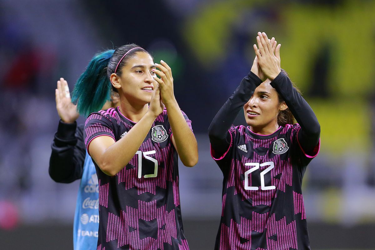 Mariana Cadena (L) and Joceline Montoya (R) of Mexico celebrate during the women’s international friendly between Mexico and Colombia at Azteca Stadium on September 21, 2021 in Mexico City, Mexico.