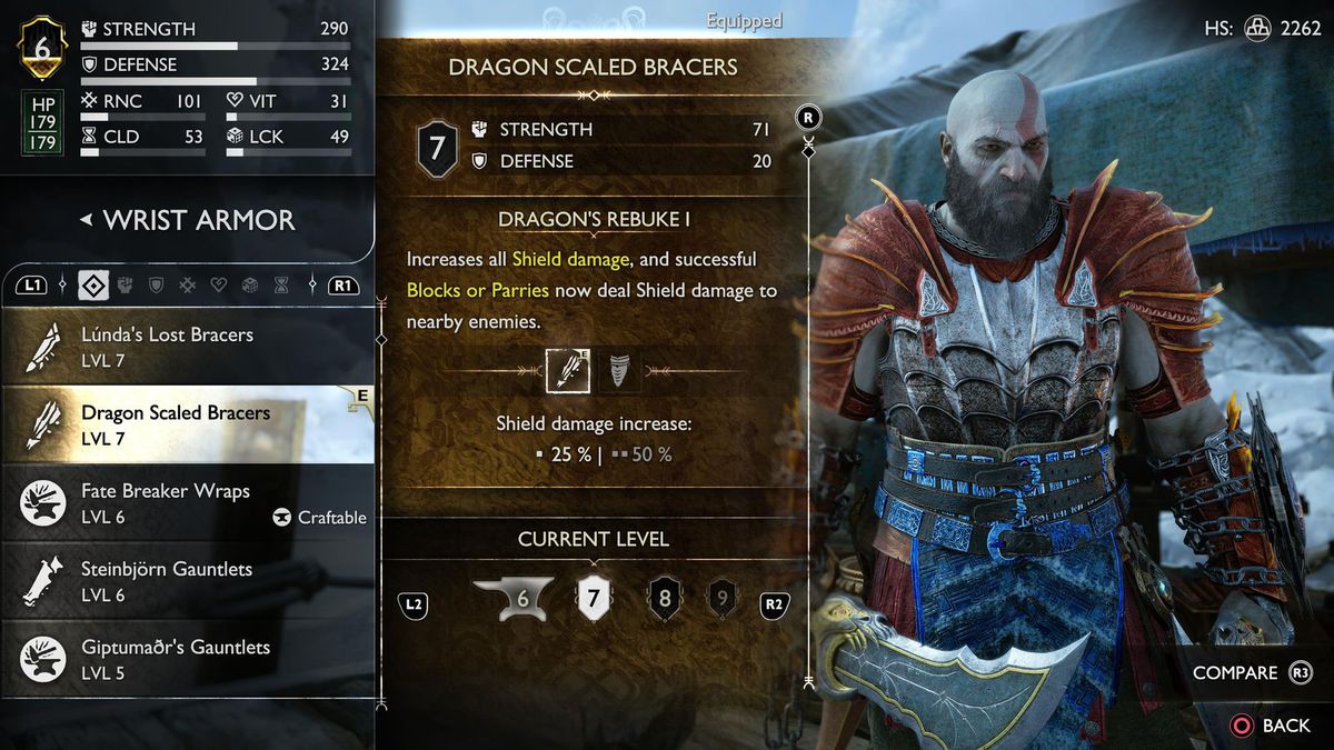 Kratos wears the Dragon Scaled Bracers in the armor menu for God of War Ragnarok.