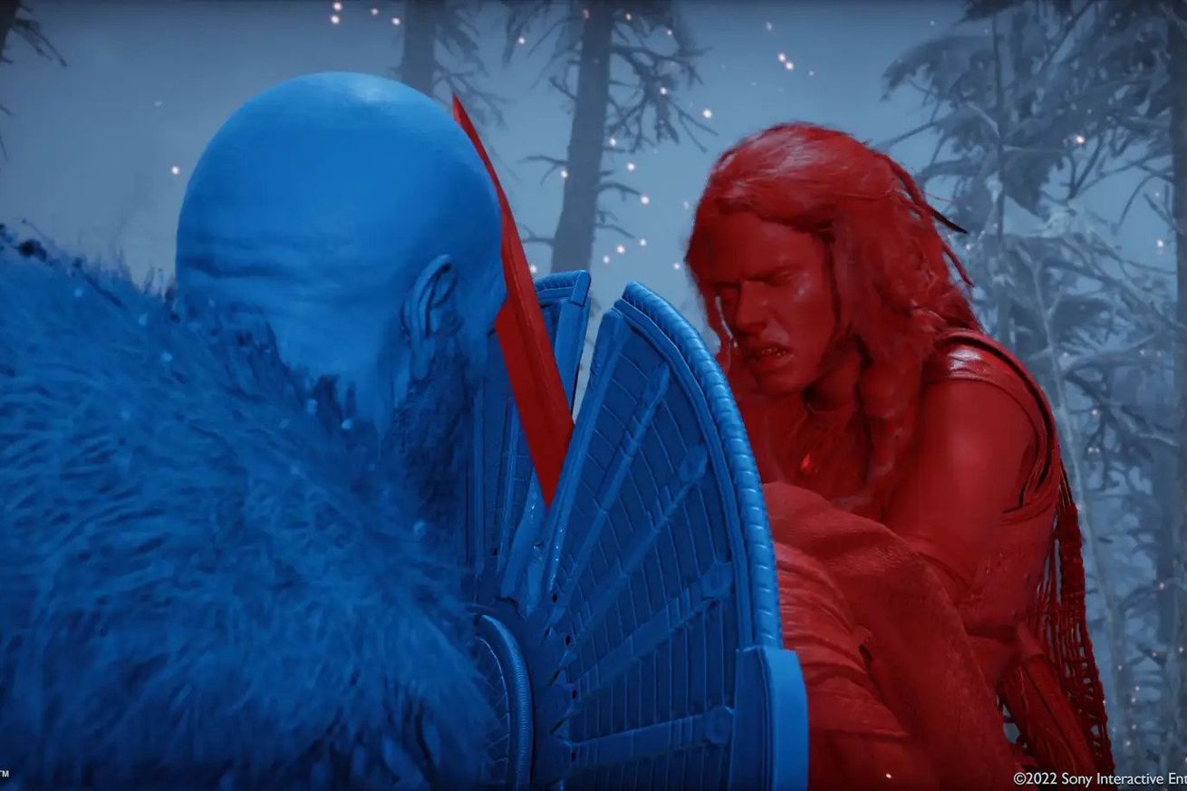 God of War Kratos highlighted in bright blue contrast color fights Frigga higlighted in bright red contrast color.
