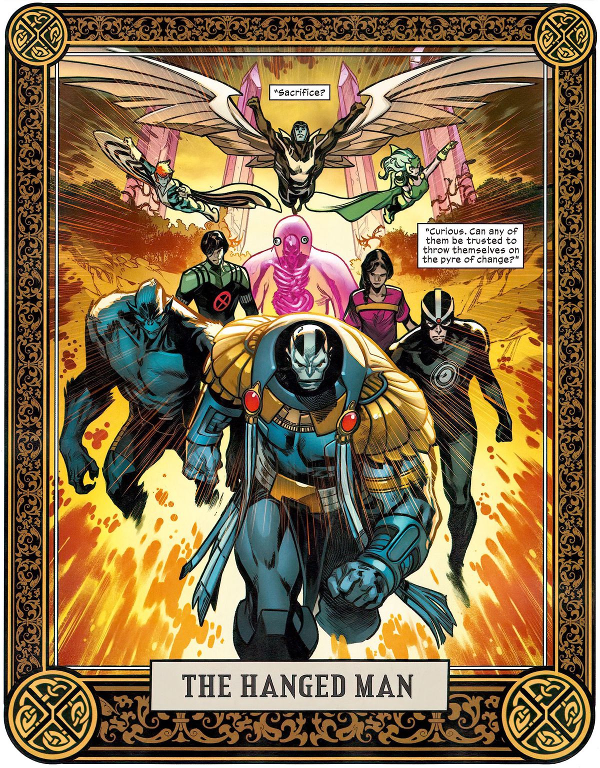 Banshee, Angel, Rogue, Blob Herman, Beast, Havok, Apocalypse and more on a “The Hanged Man” tarot card representing sacrifice and suspension for X- of Swords, in Free Comic Book Day X-Men, Marvel Comics (2020).