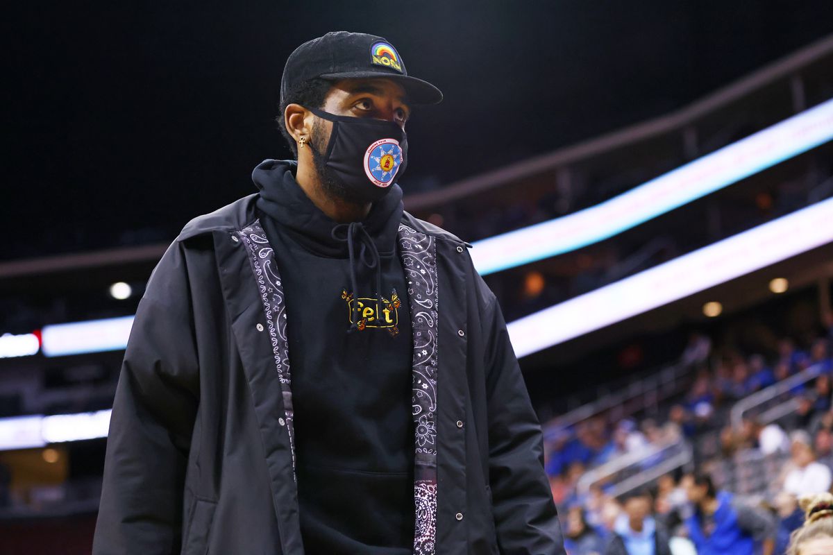 Kyrie Irving of the Brooklyn Nets attends the Wagner Seahawks and the Seton Hall Pirates game at Prudential Center on December 1, 2021 in Newark, New Jersey. Seton Hall defeated Wagner 85-63.