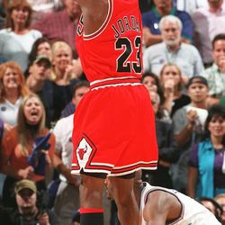 Micheal Jordan's winning shot during Game 6 of the NBA Finals at the Delta Center, June 14, 1998.