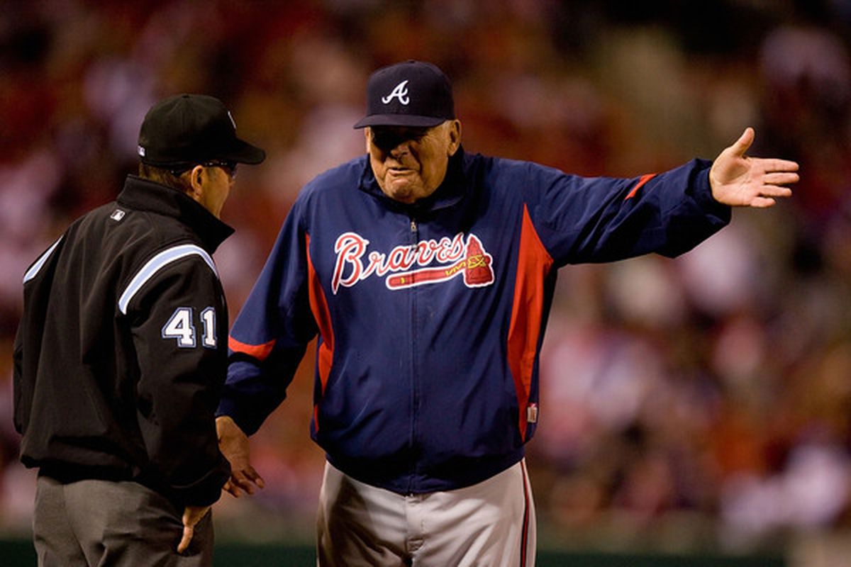ST. LOUIS - APRIL 27: Manager Bobby Cox #6 of the Atlanta Braves argues a call with third base umpire Jerry Meals #41 against the St. Louis Cardinals at Busch Stadium on April 27, 2010 in St. Louis, Missouri.  (Photo by Dilip Vishwanat/Getty Images)