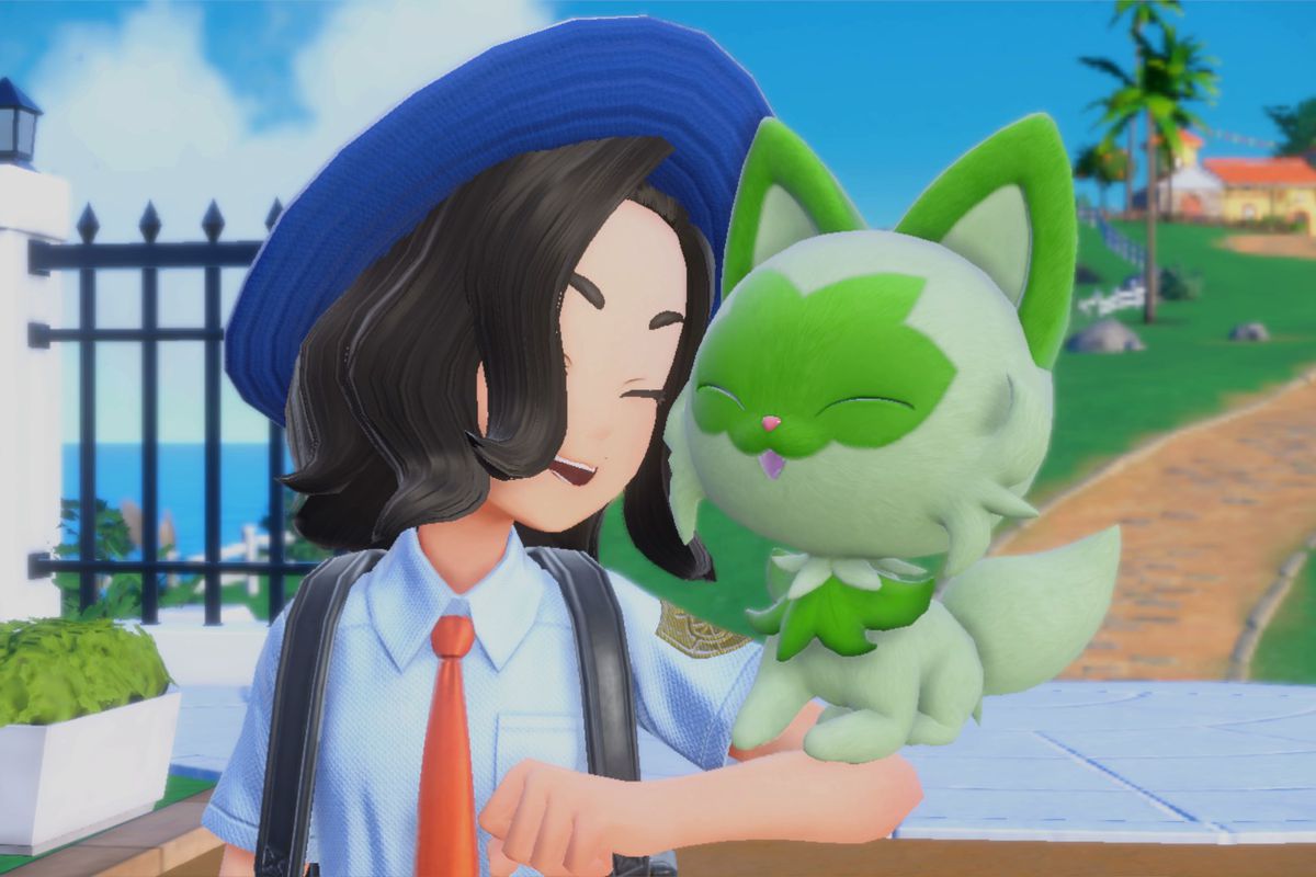 An eager Pokémon trainer cuddles their new Sprigatito