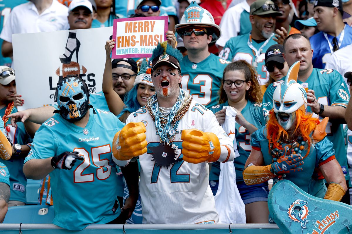 Fans of the Miami Dolphins cheer on during the game against the New York Jets at Hard Rock Stadium on December 19, 2021 in Miami Gardens, Florida.
