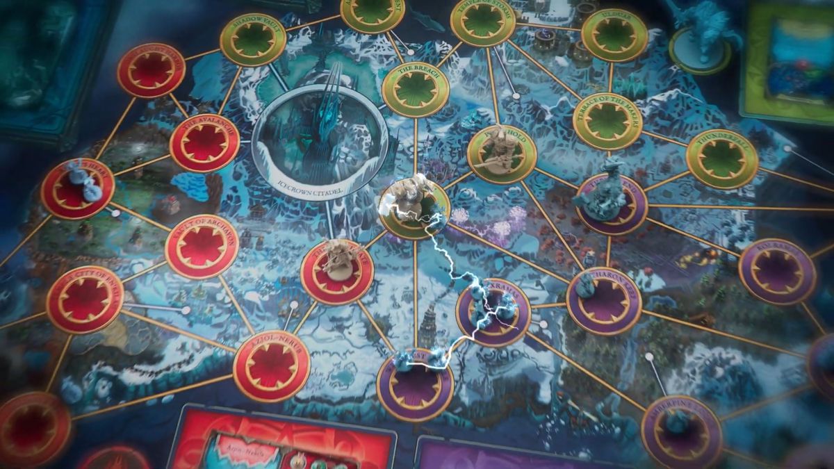 A fuzzy image of the game board, with several different sizes of miniatures scattered around popular WoW locations.