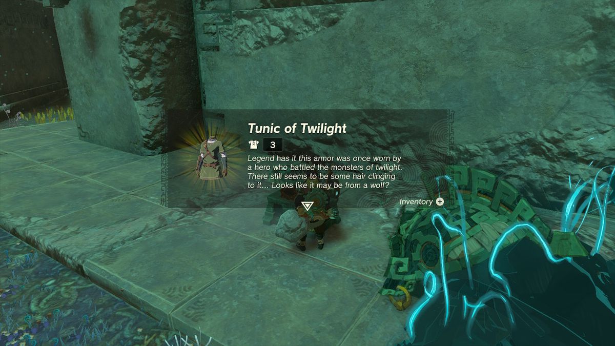 Link opens a chest containing the Tunic of Twilight in Zelda Tears of the Kingdom.