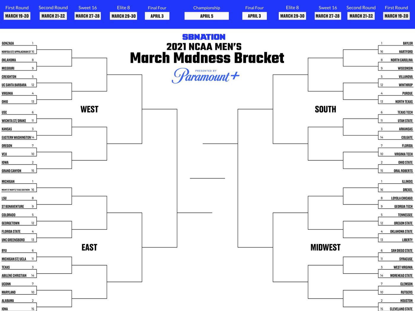 Printable Bracket 2021 Fill Out Your Men S March Madness Picks Sbnation Com