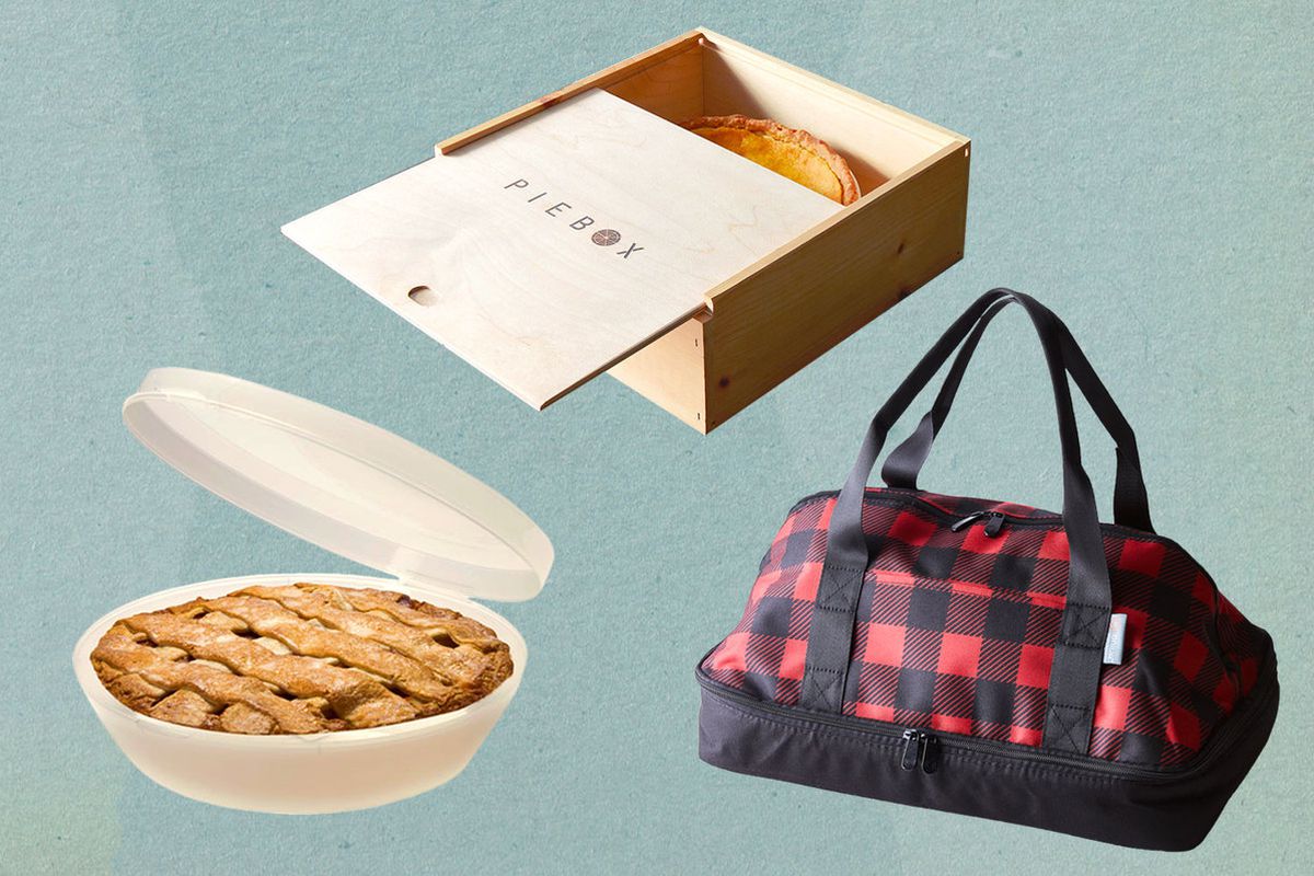 A collage of a pie box, pie keeper, and an insulated tote bag