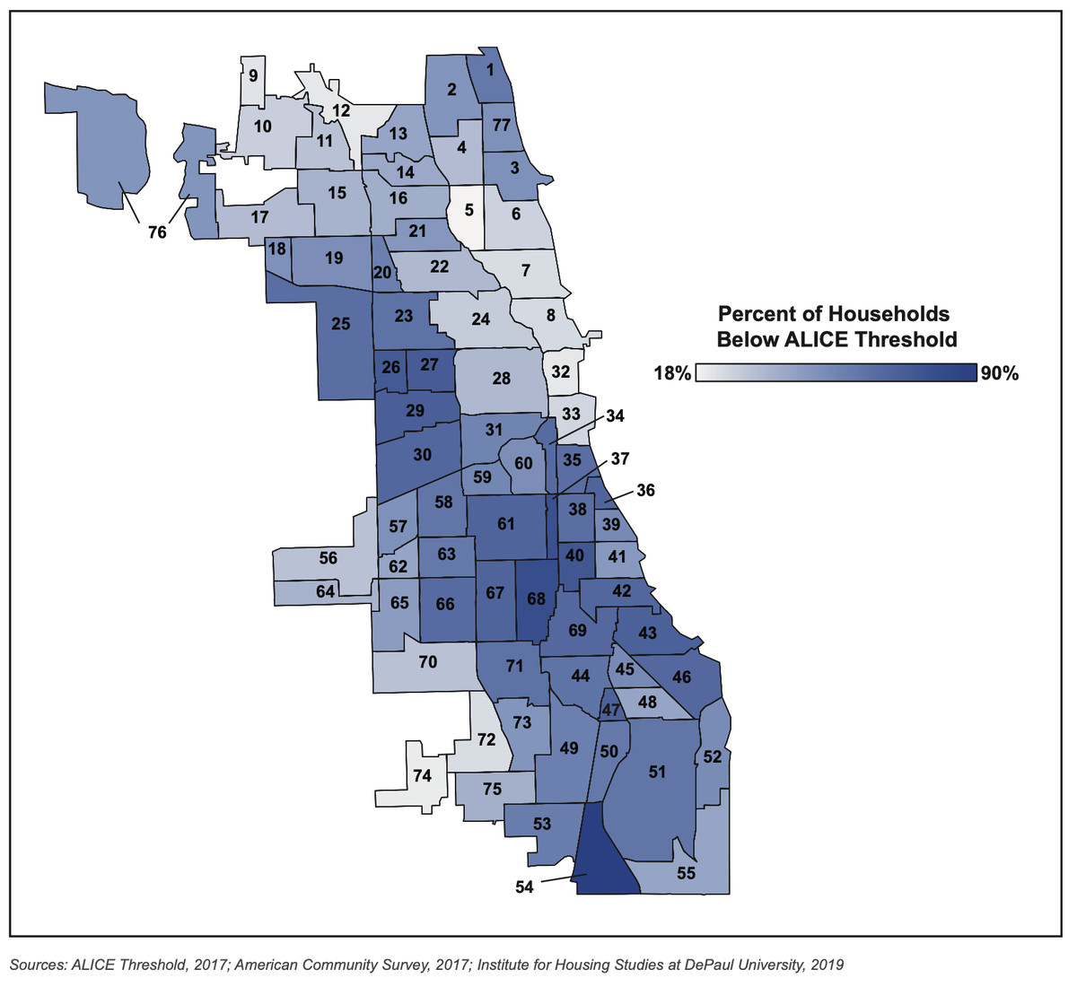 The share of ALICE households — Asset Limited, Income Constrained and Employed —&nbsp;is greater in majority black and Latino neighborhoods across Chicago.
