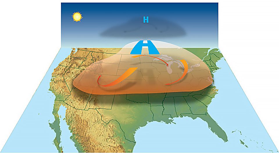 A map of the United States with a heatwave weather symbol covering most of the map.