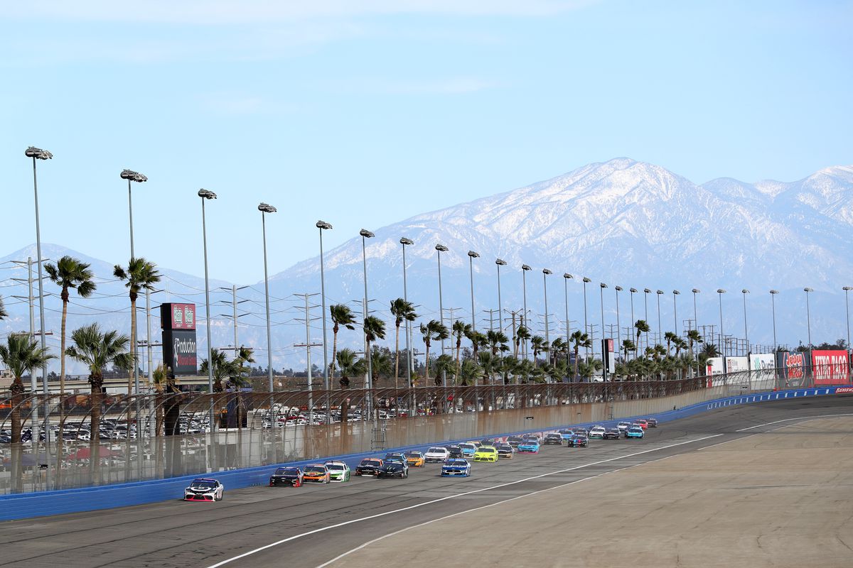 A general view of racing during the NASCAR Xfinity Series Production Alliance 300 at Auto Club Speedway on February 26, 2022 in Fontana, California.