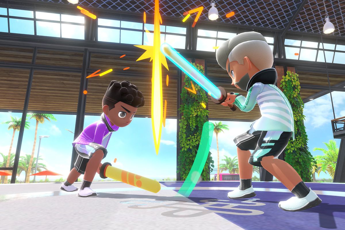 In a screenshot from Nintendo Switch Sports, two players are fighting with foam Chambara swords.