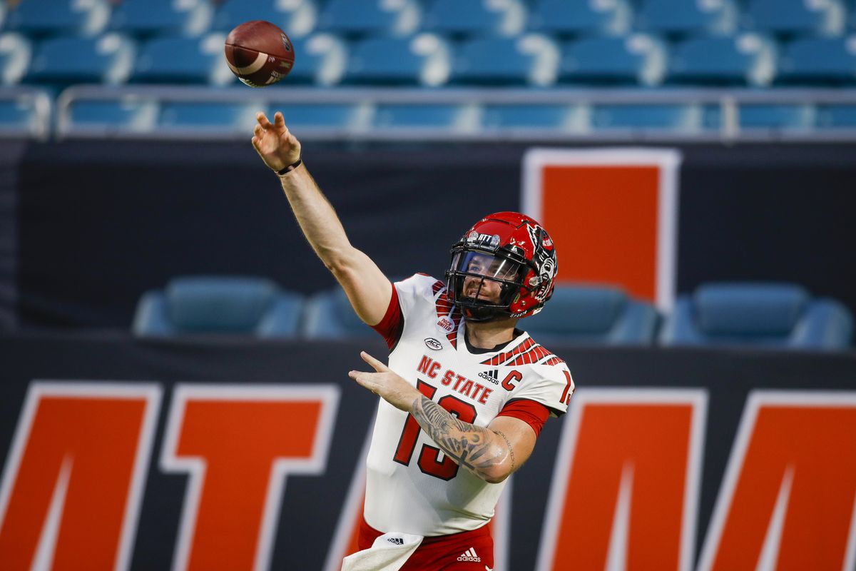 North Carolina State Wolfpack quarterback Devin Leary (13) throws a pass prior the game against the Miami Hurricanes at Hard Rock Stadium