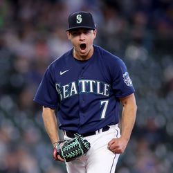 Marco Gonzales #7 of the Seattle Mariners reacts after a strikeout during the sixth inning against the Milwaukee Brewers at T-Mobile Park on April 19, 2023 in Seattle, Washington.