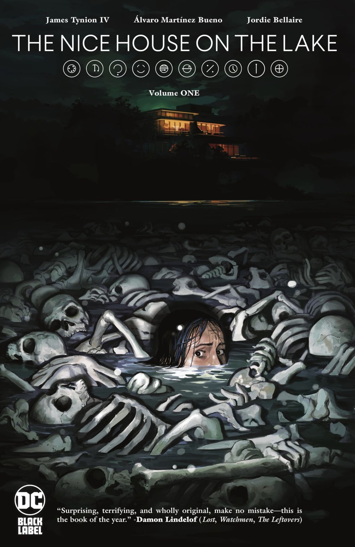 A frightened figure is submerged in a lake from their nose down. The water is full of human skeletons. In the darkness of the background, the glowing lights from a beautiful lake house can be seen. 
